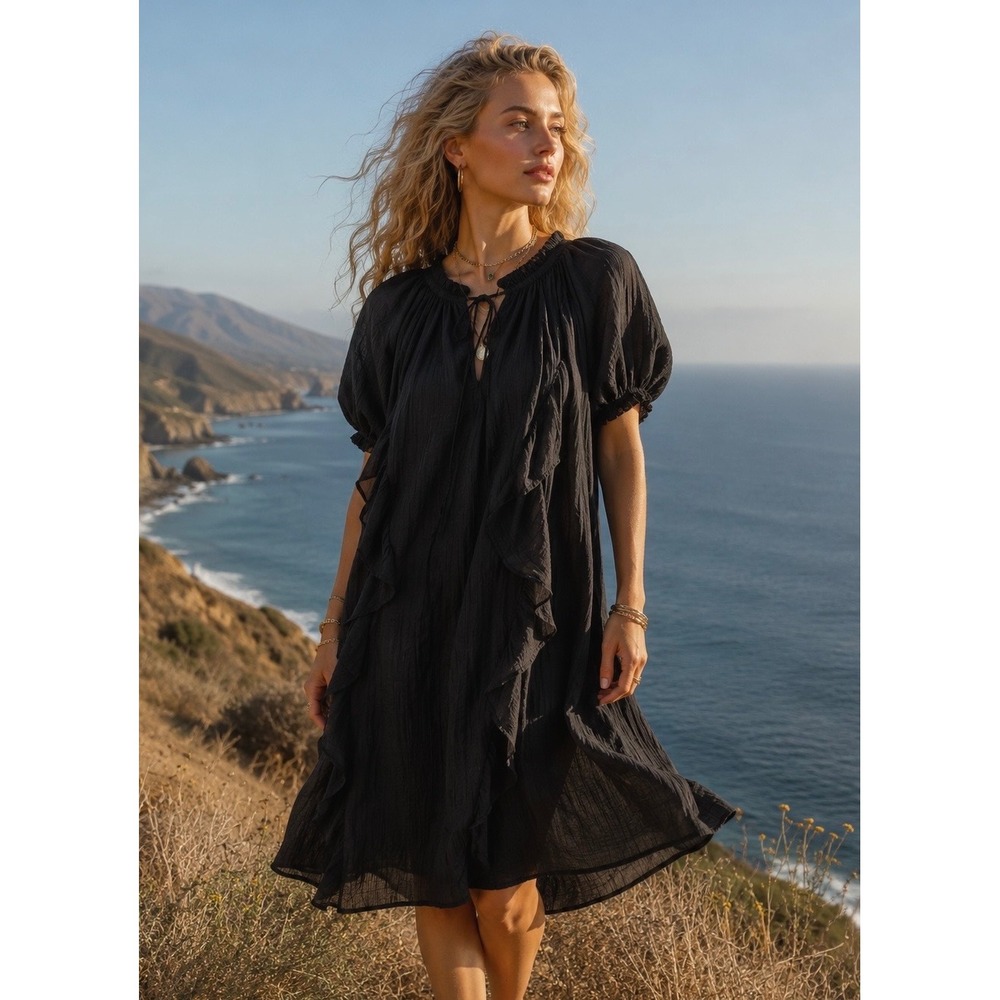 Cleobella XS NWT Black‎ Ruffle Trim Puff Sleeve Tiered Crinkle Mini Dress